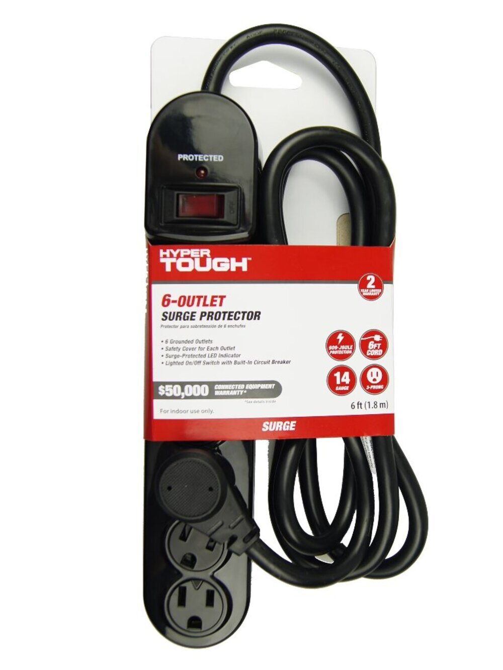 Hyper Tough 6 Outlet Surge Protector 900 Joule 6ft Cord Power Strip Black NWT
